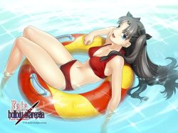 Rule 34 | 00s, 1girl, :d, afloat, armpits, bikini, black hair, blue eyes, blush, breasts, cleavage, fate/hollow ataraxia, fate/stay night, fate (series), from above, hair ribbon, innertube, legs, light rays, long hair, long legs, lying, navel, official alternate costume, official art, official wallpaper, on back, open mouth, parted bangs, partially submerged, pool, reclining, red bikini, ribbon, smile, soaking feet, solo, sparkle, sunbeam, sunlight, swim ring, swimsuit, takeuchi takashi, thigh gap, tohsaka rin, twintails, two side up, water, wet