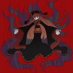 Rule 34 | 1girl, absurdres, alternate hair color, alternate skin color, black dress, brown hair, chinese clothes, dress, empty eyes, energy, fox tail, full body, hat, highres, junko (touhou), kuroazi, long hair, long sleeves, looking at viewer, multiple tails, obi, open hands, outstretched arms, pale skin, red background, red eyes, ribbon, sash, solo, tabard, tail, touhou, very long hair, wide sleeves
