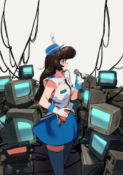 Rule 34 | 1girl, aheahead, amane natsuko, black eyes, black hair, blue dress, blue thighhighs, collarbone, computer, crt, dress, from side, hat feather, highres, holding, holding microphone, laptop, long hair, looking to the side, microphone, microphone cord, open mouth, original, profile, second-party source, sleeveless, sleeveless dress, solo, spray can, standing, thighhighs, two-tone dress, white dress, wire