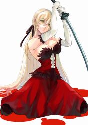 Rule 34 | 1girl, absurdres, armpits, bare shoulders, black pantyhose, black ribbon, blonde hair, blood, breasts, cleavage, closed mouth, commentary, dress, elbow gloves, expressionless, feather-trimmed dress, gloves, hair between eyes, hair ribbon, highres, holding, holding sword, holding weapon, katana, kiss-shot acerola-orion heart-under-blade, kneeling, large breasts, lips, long bangs, long hair, looking at viewer, monogatari (series), oshino shinobu, pantyhose, pointy ears, puddle, pool of blood, red dress, reverse grip, ribbon, ringed eyes, simple background, sleeveless, sleeveless dress, solo, spread legs, strapless, strapless dress, sword, takamiya2222, two-handed, vampire, very long hair, weapon, white gloves, yellow eyes