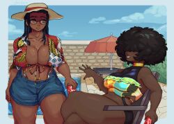 Rule 34 | 2girls, afro, blue border, blue shorts, blue sky, border, borrowed character, breasts, brown headwear, can, cleavage, cloud, cowboy shot, crossed legs, dark-skinned female, dark skin, dreadlocks, gigi (whoopsatro), glasses, hair over eyes, hat, highres, holding, holding can, large breasts, multiple girls, original, outdoors, parted lips, pool, print shirt, red eyes, shadow, shirt, shorts, sitting, skidex, sky, smile, table, tied shirt, umbrella, viv (whoopsatro)