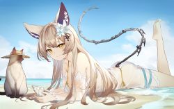 Rule 34 | 1girl, absurdres, animal, animal ears, beach, bikini, bikini under clothes, breasts, cat, cat ears, character request, cine (wazd0183), commission, copyright request, dress, flower, hair flower, hair ornament, highres, light brown hair, looking at viewer, lying, ocean, on stomach, pixiv commission, seashell, see-through, see-through dress, shell, skeletal tail, swimsuit, tail, the pose, virtual youtuber, yellow eyes