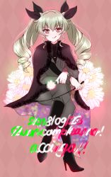Rule 34 | 10s, 1girl, :q, anchovy (girls und panzer), anzio military uniform, belt, black belt, black cape, black necktie, black ribbon, black shirt, blouse, boots, cape, closed mouth, commentary, crossed arms, daisy, dress shirt, drill hair, flag print, flower, full body, girls und panzer, green hair, grey jacket, grey pants, hair ribbon, happy birthday, high heel boots, high heels, holding, holding flower, holding riding crop, italian flag, italian text, jacket, knee boots, long hair, long sleeves, looking at viewer, military, military uniform, necktie, oversized object, pamchapyuzu, pants, pants tucked in, red eyes, ribbon, riding crop, sam browne belt, shirt, sitting, smile, solo, tongue, tongue out, twin drills, twintails, uniform