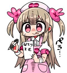 Rule 34 | &gt; &lt;, 1girl, :p, apron, armband, brown hair, closed mouth, collared shirt, hair between eyes, hair ornament, hat, heart, holding, holding pencil, kanikama, long hair, lowres, natori sana, nurse, nurse cap, pencil, pink apron, pink hat, puffy short sleeves, puffy sleeves, rabbit hair ornament, red eyes, sana channel, shirt, short sleeves, simple background, smile, solo, sweat, tongue, tongue out, translation request, two side up, v-shaped eyebrows, very long hair, virtual youtuber, white background, white shirt