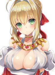Rule 34 | 10s, 1girl, ahoge, bad id, bad pixiv id, bare shoulders, blonde hair, blush, braid, breast hold, breasts, cleavage, closed mouth, collarbone, commentary request, detached sleeves, fate/extra, fate/extra ccc, fate (series), french braid, green eyes, hair intakes, hair ribbon, jewelry, large breasts, looking at viewer, nero claudius (fate), nero claudius (fate) (all), nero claudius (fate/extra), nero claudius (formal dress) (fate), official alternate costume, red ribbon, ribbon, short hair, simple background, solo, upper body, white background, yuzu-aki