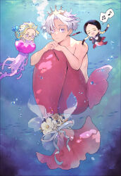 Rule 34 | 3boys, air bubble, animal, arthropod boy, blue background, bmw (man24), braid, bright pupils, bubble, chibi, cigarette, closed mouth, colored eyelashes, completely nude, crab boy, earrings, fins, fish, flower, full body, glasses, haitani ran, haitani rindou, highres, holding, jellyfish, jewelry, kurokawa izana, looking at another, looking at viewer, male focus, merman, monster boy, monsterification, multicolored hair, multiple boys, music, musical note, nude, purple eyes, red scales, ribbon, scales, short hair, singing, spoken musical note, starfish, streaked hair, tail, tail flower, tail ornament, tail ribbon, tiara, tokyo revengers, twin braids, underwater, white flower, white hair