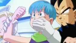 Rule 34 | 2girls, 3boys, android 18, animated, anime screenshot, audible speech, black hair, blonde hair, blue dress, blue eyes, blue hair, breasts, bulma, dragon ball, dragon ball super, dress, earrings, english audio, grabbing, grabbing from behind, hand over another&#039;s mouth, highres, jewelry, kuririn, lipstick, makeup, medium breasts, multiple boys, multiple girls, necklace, pearl necklace, piccolo, scarf, screencap, sound, tagme, vegeta, video, watch, wristwatch