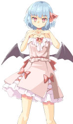 Rule 34 | 1girl, :/, adapted costume, arnest, bare shoulders, bat wings, black wings, blue hair, bow, bright pupils, choker, closed mouth, cropped, cross-laced clothes, dot nose, downscaled, expressionless, feet out of frame, frilled ribbon, frilled shirt, frills, hair ribbon, hands up, heart, heart hands, highres, legs apart, light blue hair, light blush, looking at viewer, low wings, no headwear, off-shoulder shirt, off shoulder, petticoat, pink shirt, pink skirt, red bow, red choker, red eyes, red ribbon, red sash, remilia scarlet, resized, ribbon, sash, shiny skin, shirt, short hair, simple background, skirt, skirt set, solo, spaghetti strap, standing, straight-on, touhou, tsurime, white background, white pupils, wings