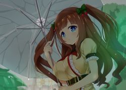 Rule 34 | + +, .live, 1girl, akiiro, belt, blue eyes, blush, bow, breasts, brown hair, closed mouth, ferris wheel, green bow, hair bow, holding, holding umbrella, kakyouin chieri, large breasts, looking at viewer, neckerchief, outdoors, puffy short sleeves, puffy sleeves, rain, red neckerchief, short sleeves, solo, twintails, umbrella, virtual youtuber