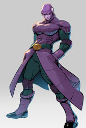 Rule 34 | 1boy, alien, bald, belt, biceps, boots, bulge, closed mouth, colored skin, dragon ball, dragon ball super, hand in pocket, highres, hit (dragon ball), male focus, manly, muscular, muscular male, no eyebrows, pectorals, purple skin, red eyes, simple background, solo, standing, supobi