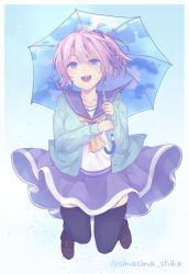 Rule 34 | 1girl, aoba (kancolle), black thighhighs, blue background, blue eyes, blue skirt, blush, breasts, hair ornament, hair scrunchie, highres, holding, holding umbrella, jumping, kantai collection, loafers, long sleeves, open mouth, pink hair, ponytail, sailor collar, scrunchie, shikajima shika, shoes, skirt, solo, thighhighs, twitter username, umbrella, yellow neckwear