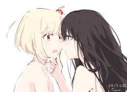 Rule 34 | 2girls, artist name, black hair, blonde hair, blush, dated, eye contact, hair between eyes, hair ribbon, hand on another&#039;s chin, highres, imminent kiss, inoue takina, looking at another, lycoris recoil, multiple girls, nishikigi chisato, one side up, open mouth, purple eyes, red eyes, red ribbon, ribbon, rnna, short hair, simple background, upper body, white background, yuri