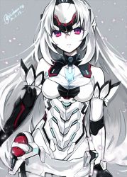 Rule 34 | 1girl, alternate eye color, android, armor, asymmetrical gloves, bare shoulders, blue hair, breasts, cowboy shot, dated, elbow gloves, expressionless, eyes visible through hair, forehead protector, gloves, glowing, grey background, hair between eyes, haruto yuki, head tilt, insignia, kos-mos, kos-mos re:, large breasts, leotard, long hair, looking at viewer, nintendo, parted bangs, red eyes, simple background, solo, standing, thighhighs, uneven gloves, very long hair, white armor, white leotard, white theme, xenoblade chronicles (series), xenoblade chronicles 2, xenosaga