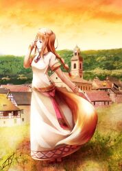Rule 34 | 1girl, animal ears, brown hair, building, closed mouth, dress, forest, fudo shin, full body, highres, holo, horizon, jewelry, long dress, long hair, long sleeves, nature, necklace, orange sky, profile, red eyes, scenery, sky, solo, spice and wolf, standing, tail, village, white dress, wolf ears, wolf girl, wolf tail