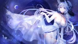 Rule 34 | 1girl, anchor symbol, armlet, azur lane, blue eyes, blue gemstone, blunt bangs, blush, breasts, character name, choker, cleavage, clothes lift, cowboy shot, dress, dress lift, elbow gloves, flight deck, garter straps, gem, gloves, hair ornament, hair ribbon, hat, highres, illustrious (azur lane), jewelry, lace-trimmed hat, lace trim, large breasts, long hair, looking at viewer, low twintails, mole, mole under eye, moon, night, night sky, parted lips, pendant, ribbon, see-through, sidelocks, sky, solo, star (sky), starry sky, sun hat, thighhighs, tress ribbon, twintails, unmoving pattern, wallpaper, white dress, white gloves, white hair, white hat, yu jiu