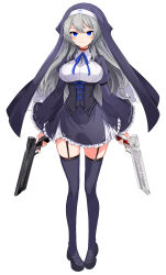 Rule 34 | 1girl, black footwear, black skirt, black thighhighs, blue eyes, blue ribbon, breasts, closed mouth, commentary request, commission, dual wielding, frilled skirt, frilled sleeves, frills, full body, garter straps, grey hair, gun, habit, hair between eyes, highres, holding, holding gun, holding weapon, juliet sleeves, kel-tec p50, long hair, long sleeves, looking at viewer, medium breasts, neck ribbon, nun, original, pigeon-toed, puffy sleeves, ribbon, runes, shirt, shoes, shrug (clothing), simple background, skeb commission, skirt, smile, solo, standing, thighhighs, tori (10ri), translation request, underboob, very long hair, weapon, white background, white shirt, wide sleeves