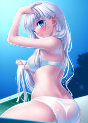 Rule 34 | 1girl, arm up, ass, blue eyes, blush, bra, breasts, character request, hand in own hair, holding, holding hair, large breasts, long hair, looking at viewer, medium breasts, messy hair, naruse shiroha, outdoors, panties, see-through, silver hair, sitting, sky, solo, summer pockets, tree, underwear, white bra, white panties, zen