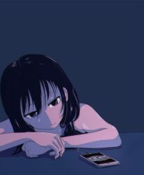 Rule 34 | 1girl, 5 rebbeccas, absurdres, bare shoulders, black camisole, black hair, blue background, blue eyes, camisole, cellphone, commentary, earphones, elbow rest, english commentary, highres, listening to music, long hair, looking down, low twintails, parted lips, phone, simple background, smartphone, solo, tamura yuri, twintails, upper body, watashi ga motenai no wa dou kangaetemo omaera ga warui!