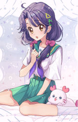 Rule 34 | 1girl, absurdres, aozora middle school uniform, blush, bow, commentary, green sailor collar, green skirt, hair bow, highres, huwarinn99, kururun (precure), long hair, looking at viewer, low twintails, open mouth, pleated skirt, precure, purple hair, sailor collar, school uniform, serafuku, short sleeves, sitting, skirt, socks, suzumura sango, tropical-rouge! precure, twintails, yellow eyes