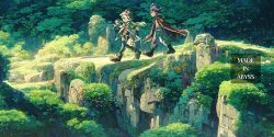 Rule 34 | 1boy, 1girl, blonde hair, cloak, glasses, hat, highres, looking at another, made in abyss, meola, nature, one eye closed, regu (made in abyss), riko (made in abyss), robot, scenery, tree, walking