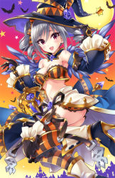 Rule 34 | 1girl, :d, bare shoulders, bat (animal), beatrix (granblue fantasy), beatrix (granblue fantasy) (cosplay), black gloves, blush, boots, breasts, cleavage, cosplay, detached collar, drill hair, full moon, gloves, granblue fantasy, grey hair, halloween, hat, high heel boots, high heels, idolmaster, idolmaster cinderella girls, kanzaki ranko, long hair, looking at viewer, moon, navel, open mouth, red eyes, smile, solo, star (symbol), striped clothes, striped thighhighs, sword, thighhighs, twin drills, twintails, urabi (tomatohouse), weapon, witch hat