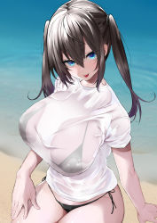 Rule 34 | 1girl, beach, bikini, bikini under clothes, black bikini, blue eyes, blush, breasts, brown hair, highres, large breasts, long hair, looking at viewer, mitsudoue, open mouth, original, shirt, shore, short sleeves, smile, solo, swimsuit, tongue, tongue out, twintails, white shirt