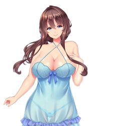 Rule 34 | 1girl, :&gt;, arm at side, babydoll, bare shoulders, blue eyes, breasts, brown hair, cleavage, closed mouth, cowboy shot, eyebrows hidden by hair, female focus, game cg, hair between eyes, hand up, large breasts, legs, lingerie, long hair, looking at viewer, nonomiya sora, original, panties, see-through, shiokonbu, sister lesson, smile, solo, standing, tachi-e, thigh gap, thighs, transparent background, underwear