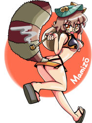 Rule 34 | 1girl, animal ears, arc system works, artistic error, bad id, bad pixiv id, bell, blazblue, blazblue: continuum shift, breasts, brown eyes, brown hair, butt crack, character name, clog sandals, cosplay, crop top, futatsuiwa mamizou, glasses, hat, kiseru, large breasts, makoto nanaya, makoto nanaya (cosplay), muichi, muichi (agetatekoron), okobo, open mouth, orange skirt, raccoon ears, raccoon tail, revealing clothes, sandals, skirt, smile, smoke, smoking pipe, solo, tail, tanuki, touhou, underboob, wrong foot