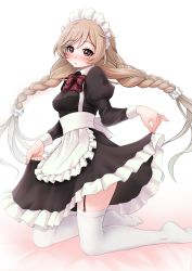 Rule 34 | 1girl, absurdres, alternate costume, apron, black dress, bow, bowtie, braid, clothes lift, cloud hair ornament, dress, dress lift, enmaided, frilled apron, frills, garter straps, gradient hair, highres, kantai collection, kneeling, light brown hair, long hair, looking at viewer, maid, maid headdress, makura (y makura), minegumo (kancolle), multicolored hair, plaid, plaid bow, plaid bowtie, red bow, red bowtie, red eyes, solo, thighhighs, twin braids, waist apron, white apron, white thighhighs