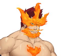 Rule 34 | 1boy, bara, beard, blue eyes, boku no hero academia, chest hair, close-up, cowboy shot, endeavor (boku no hero academia), facial hair, fire, helbai, highres, large pectorals, male focus, mature male, muscular, muscular male, mustache, nude, paid reward available, pectorals, portrait, red hair, scar, scar across eye, scar on face, short hair, solo, spiked hair, sweat, veins