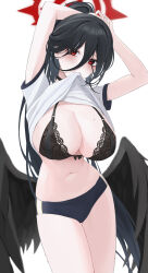 Rule 34 | 1girl, absurdres, adjusting hair, black bra, black choker, black hair, black wings, blue archive, blue buruma, bra, breasts, buruma, choker, clothes lift, commentary, cowboy shot, feathered wings, gym uniform, hair between eyes, halo, hasumi (blue archive), hasumi (track) (blue archive), highres, huge breasts, large breasts, large wings, light blush, long hair, looking at viewer, low wings, mole, mole on breast, mole under eye, mouth hold, navel, official alternate costume, oyasumisan01, ponytail, red eyes, red halo, shirt, shirt lift, short sleeves, simple background, solo, stomach, thigh gap, underwear, very long hair, white background, white shirt, wings
