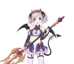 Rule 34 | 1girl, akari (princess connect!), axe, garter straps, grey hair, holding, holding axe, horns, medium hair, midriff, official art, princess connect!, tail, thighhighs, transparent background, white thighhighs, wings