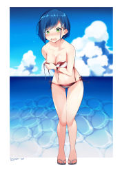 Rule 34 | 1girl, bare legs, bare shoulders, bikini, blue hair, blue sky, blush, breasts, cleavage, cloud, cloudy sky, collarbone, commentary, covering breasts, covering privates, darling in the franxx, day, embarrassed, english commentary, esencey, full body, green eyes, hair ornament, highres, ichigo (darling in the franxx), leaning forward, looking at viewer, medium breasts, midriff, navel, ocean, open mouth, outdoors, red bikini, sandals, short hair, side-tie bikini bottom, signature, sky, solo, standing, striped bikini, striped clothes, swimsuit, thigh gap, thighs, untied bikini, wardrobe malfunction, white bikini, white footwear