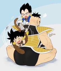 Rule 34 | +++, 3boys, :d, :o, ^ ^, aged down, annoyed, aqua background, armor, black eyes, black hair, blue background, clenched teeth, closed eyes, dot nose, dragon ball, dragon ball minus, dragon ball super, dragon ball super broly, facial hair, from behind, frown, gloves, gradient background, grey background, hands on another&#039;s shoulders, indian style, kalno, looking at another, looking back, looking down, male focus, monkey tail, multiple boys, muscular, mustache, nappa, open mouth, playing, signature, simple background, sitting, size difference, smile, smiley face, son goku, speed lines, sweatdrop, tail, tail grab, teeth, thighs, twitter username, vegeta, white gloves