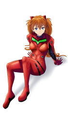 Rule 34 | 1girl, absurdres, arm support, ass, blue eyes, bodysuit, breasts, closed mouth, frown, full body, highres, interface headset, long hair, looking at viewer, marco olier, medium breasts, neon genesis evangelion, orange hair, pilot suit, plugsuit, red bodysuit, simple background, sitting, solo, souryuu asuka langley, very long hair, white background, wide hips
