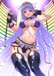 Rule 34 | 1girl, \m/, absurdres, bb (fate), bb (fate) (all), bb (swimsuit mooncancer) (fate), bb (swimsuit mooncancer) (second ascension) (fate), bikini, black footwear, black gloves, black shorts, boots, bow, breasts, cowboy shot, earrings, fate/grand order, fate (series), fingerless gloves, gloves, gluteal fold, hair ribbon, highres, jewelry, large breasts, long hair, looking at viewer, micro shorts, navel, pink bow, pink ribbon, purple bikini, purple eyes, purple hair, rainbow order, ribbon, saruchitan, shiny skin, shorts, smile, solo, standing, star (symbol), star earrings, swimsuit, thigh boots, thighhighs, very long hair