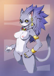 Rule 34 | 1girl, alternate form, animal ears, armlet, black sclera, bracelet, breasts, cat ears, cat girl, cat tail, censored, claws, colored sclera, earrings, fangs, furry, highres, isabella (seiken densetsu 3), j7w, jewelry, necklace, nipples, purple fur, purple hair, pussy, ring, seiken densetsu, seiken densetsu 3, slit pupils, tail, yellow eyes