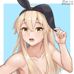 Rule 34 | 1girl, animal ears, armpits, breasts, kantai collection, long hair, looking at viewer, nude, open mouth, rabbit ears, shimakaze (kancolle), shiromaru (maniado), simple background, small breasts, teeth, upper teeth only, yellow eyes