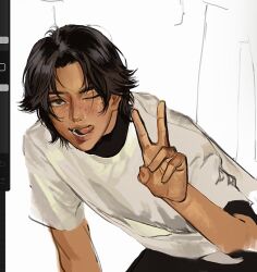 Rule 34 | 1boy, bishounen, black hair, freckles, highres, lips, long hair, male focus, nose, one eye closed, one piece, phoneafrog, portgas d. ace, realistic, shirt, solo, t-shirt, tongue, tongue out, v, white shirt