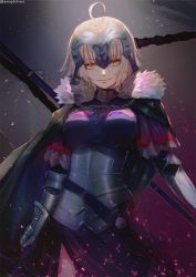 Rule 34 | 1girl, ahoge, armor, bad id, bad twitter id, black thighhighs, blonde hair, blush, breasts, cape, chain, cleavage, fate/apocrypha, fate/grand order, fate (series), forehead protector, framed breasts, fur trim, hanato (seonoaiko), headpiece, highres, holding, holding pole, holding sword, holding weapon, jeanne d&#039;arc (fate), jeanne d&#039;arc alter (avenger) (fate), jeanne d&#039;arc alter (avenger) (first ascension) (fate), jeanne d&#039;arc alter (fate), large breasts, light particles, looking at viewer, medium breasts, open mouth, pole, revision, short hair, silver hair, smile, solo, sword, thighhighs, weapon, yellow eyes