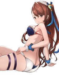 Rule 34 | 10s, 1girl, ass, beatrix (granblue fantasy), bikini, breasts, brown eyes, brown hair, granblue fantasy, highres, long hair, sideboob, simple background, sitting, solo, swimsuit, white background