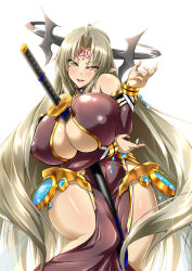 Rule 34 | 1girl, akino masoho, bare shoulders, between breasts, black dress, bracelet, breasts, cleavage, commentary request, covered erect nipples, curvy, dress, grey hair, huge breasts, jewelry, katana, lemegeton, long hair, looking at viewer, magika no kenshi to basileus, open mouth, orange eyes, pointy ears, smile, solo, sword, sword between breasts, tattoo, very long hair, weapon, wide hips