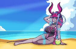 1girl animated animated_gif bare_shoulders beach black_one-piece_swimsuit blue_hair body_markings breast_cutout breasts cleavage colored_skin commentary dark-skinned_female dark_skin earrings english_commentary fate/grand_order fate_(series) full_body grey_skin hair_rings hat highleg highleg_one-piece_swimsuit horns ibuki_douji_(fate) ibuki_douji_(swimsuit_berserker)_(fate) ibuki_douji_(swimsuit_berserker)_(first_ascension)_(fate) jewelry large_breasts long_hair looking_at_viewer multicolored_hair multiple_horns one-piece_swimsuit oni pink_hair pink_hat pink_one-piece_swimsuit pixel_art pointy_ears ponytail raptorbr red_eyes sidelocks sitting smile solo swimsuit tail two-tone_hair two-tone_swimsuit visor_cap whistle yokozuwari