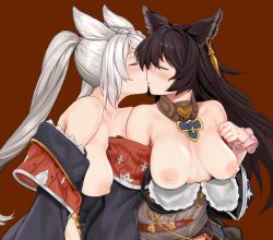 Rule 34 | 2girls, animal ears, bad id, bad twitter id, between breasts, black hair, blush, breasts, breasts apart, breasts out, closed eyes, commentary request, earrings, erune, fraux, granblue fantasy, hoshiyataka, jewelry, kiss, large breasts, long hair, multicolored hair, multiple girls, nier (granblue fantasy), nipples, red background, scrunchie, silver hair, simple background, single earring, two-tone hair, wrist scrunchie, yuri