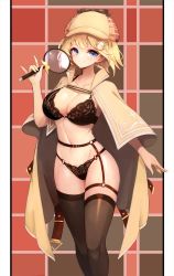 Rule 34 | 1girl, black bra, black panties, black thighhighs, blonde hair, blue eyes, bra, breasts, cleavage, garter belt, garter straps, highres, holding, holding magnifying glass, hololive, hololive english, jacket, large breasts, looking at viewer, magnifying glass, navel, notte, open clothes, open jacket, panties, panties over garter belt, short hair, single garter strap, smile, solo, thigh strap, thighhighs, underwear, virtual youtuber, watson amelia