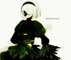Rule 34 | 1girl, android, bad id, bad pixiv id, black dress, blindfold, breasts, copyright name, dress, from side, green eyes, hair over one eye, hairband, looking to the side, nier:automata, nier (series), parted lips, puffy sleeves, short hair, simple background, solo, turtleneck, upper body, white background, white hair, 2b (nier:automata)