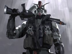Rule 34 | assault rifle, black vest, clothed robot, command gundam, commando (movie), commentary, gun, gundam, highres, holding, holding gun, holding weapon, looking up, mecha, no humans, over shoulder, rifle, rintaro komori, robot, science fiction, sd command chronicles, sd gundam, solo, v-fin, vest, weapon, weapon over shoulder, yellow eyes