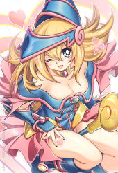 Rule 34 | 1girl, ;d, blonde hair, blue footwear, blush stickers, boots, breasts, capelet, choker, cleavage, collarbone, dark magician girl, dress, duel monster, female focus, from above, green eyes, hair between eyes, hat, heart, kaze-hime, large breasts, long hair, looking at viewer, looking up, magical girl, off-shoulder dress, off shoulder, one eye closed, open mouth, shiny skin, skirt, smile, solo, staff, vambraces, wink, wizard hat, yu-gi-oh!