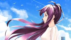 Rule 34 | 1girl, character name, cloud, day, highres, kotonoha haruko, long hair, memories of another life, my summer adventure, non-web source, outdoors, purple hair, sky, solo, summer, visual novel
