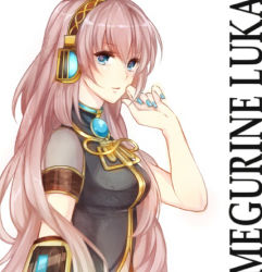 Rule 34 | 1girl, armband, bad id, bad pixiv id, bare shoulders, blue eyes, blue nails, breasts, brooch, character name, face, female focus, finger to face, gem, hand on own face, headphones, jewelry, long hair, looking at viewer, lowres, medium breasts, megurine luka, nail polish, neck, pink hair, blue gemstone, sleeveless, sleeveless turtleneck, solo, tomoe (itigo), turtleneck, very long hair, vocaloid